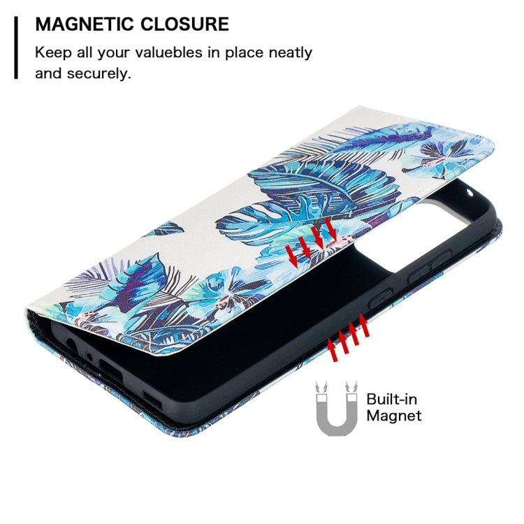 For Samsung Galaxy A52 5G/ 4G Colored Drawing Pattern Invisible Magnetic Horizontal Flip PU Leather Case with Holder & Card Slots & Wallet(Blue Leaf) by buy2fix