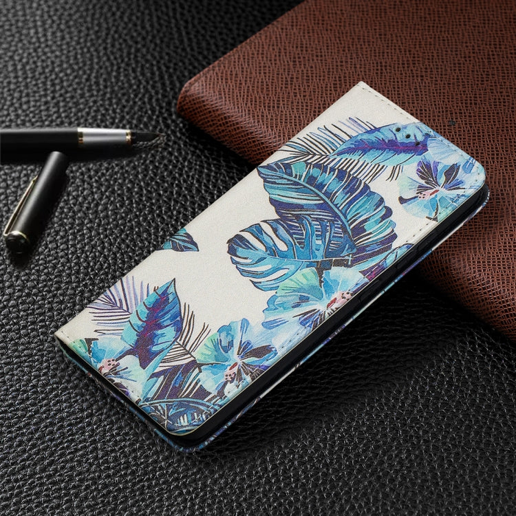 For Samsung Galaxy A52 5G/ 4G Colored Drawing Pattern Invisible Magnetic Horizontal Flip PU Leather Case with Holder & Card Slots & Wallet(Blue Leaf) by buy2fix