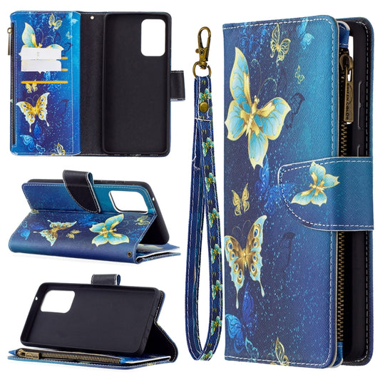 For Samsung Galaxy A72 5G / 4G Colored Drawing Pattern Zipper Horizontal Flip Leather Case with Holder & Card Slots & Wallet(Gold Butterfly) by buy2fix