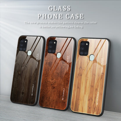 For Samsung Galaxy A21s Wood Grain Glass Protective Case(M05) by buy2fix