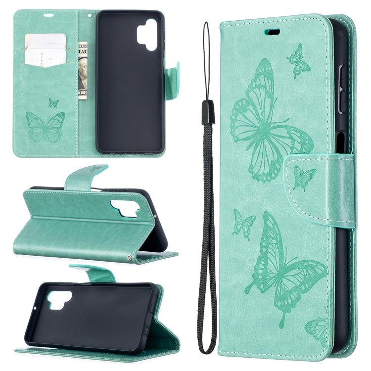 For Samsung Galaxy A32 5G Embossing Two Butterflies Pattern Horizontal Flip PU Leather Case with Holder & Card Slot & Wallet & Lanyard(Green) by buy2fix
