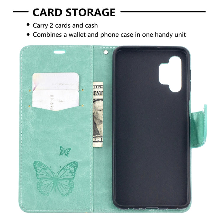 For Samsung Galaxy A32 5G Embossing Two Butterflies Pattern Horizontal Flip PU Leather Case with Holder & Card Slot & Wallet & Lanyard(Green) by buy2fix
