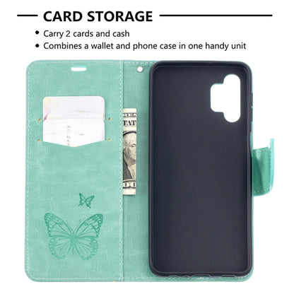 For Samsung Galaxy A32 5G Embossing Two Butterflies Pattern Horizontal Flip PU Leather Case with Holder & Card Slot & Wallet & Lanyard(Green) by buy2fix