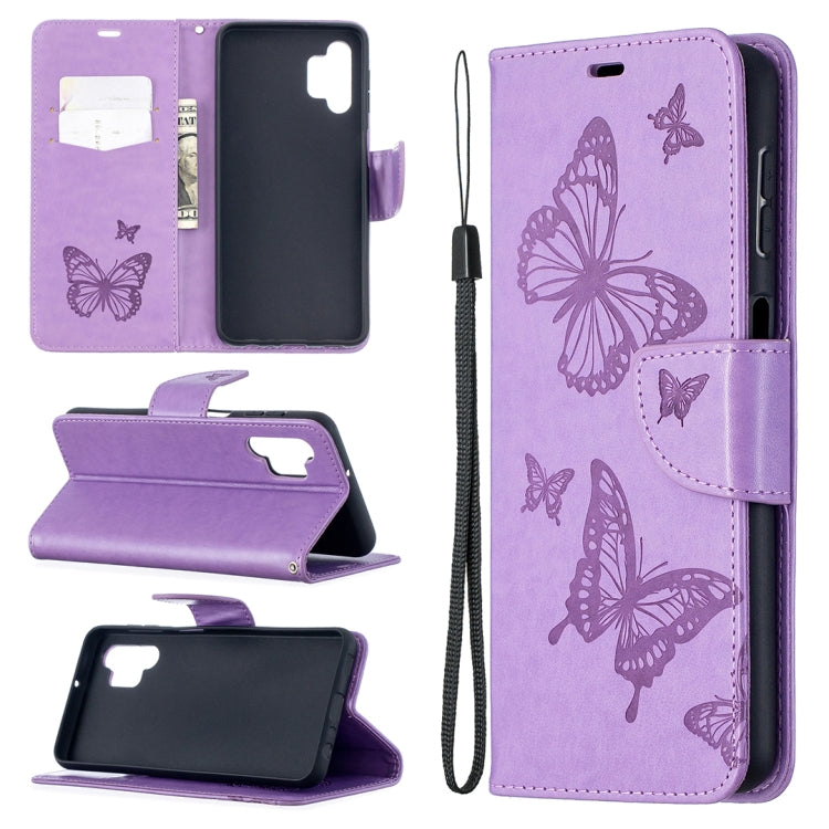 For Samsung Galaxy A32 5G Embossing Two Butterflies Pattern Horizontal Flip PU Leather Case with Holder & Card Slot & Wallet & Lanyard(Purple) by buy2fix