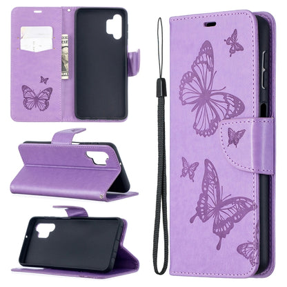 For Samsung Galaxy A32 5G Embossing Two Butterflies Pattern Horizontal Flip PU Leather Case with Holder & Card Slot & Wallet & Lanyard(Purple) by buy2fix