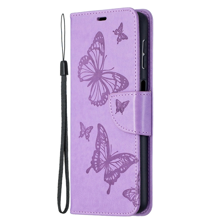 For Samsung Galaxy A32 5G Embossing Two Butterflies Pattern Horizontal Flip PU Leather Case with Holder & Card Slot & Wallet & Lanyard(Purple) by buy2fix