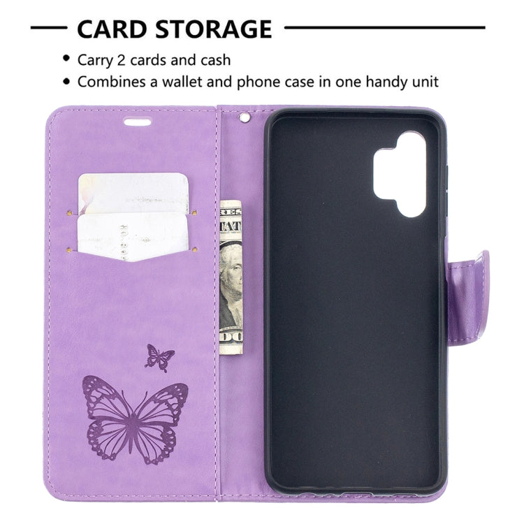 For Samsung Galaxy A32 5G Embossing Two Butterflies Pattern Horizontal Flip PU Leather Case with Holder & Card Slot & Wallet & Lanyard(Purple) by buy2fix