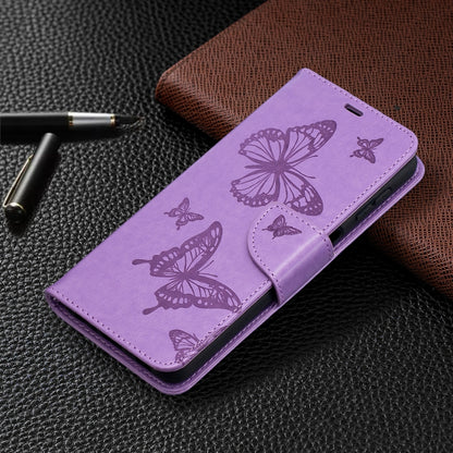 For Samsung Galaxy A32 5G Embossing Two Butterflies Pattern Horizontal Flip PU Leather Case with Holder & Card Slot & Wallet & Lanyard(Purple) by buy2fix