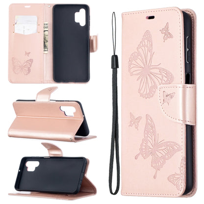For Samsung Galaxy A32 5G Embossing Two Butterflies Pattern Horizontal Flip PU Leather Case with Holder & Card Slot & Wallet & Lanyard(Rose Gold) by buy2fix