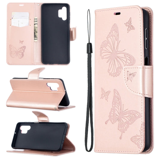 For Samsung Galaxy A32 5G Embossing Two Butterflies Pattern Horizontal Flip PU Leather Case with Holder & Card Slot & Wallet & Lanyard(Rose Gold) by buy2fix