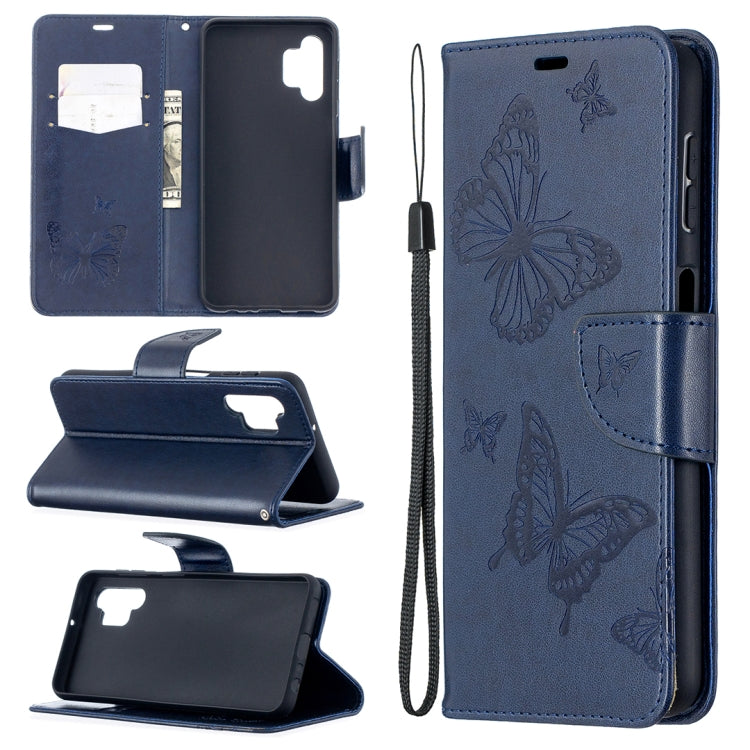 For Samsung Galaxy A32 5G Embossing Two Butterflies Pattern Horizontal Flip PU Leather Case with Holder & Card Slot & Wallet & Lanyard(Blue) by buy2fix