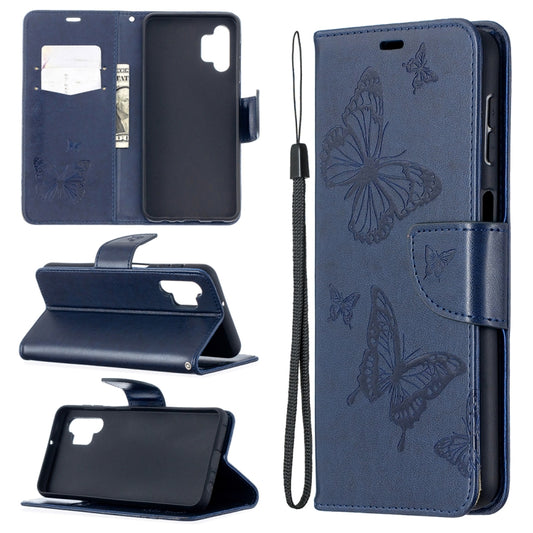 For Samsung Galaxy A32 5G Embossing Two Butterflies Pattern Horizontal Flip PU Leather Case with Holder & Card Slot & Wallet & Lanyard(Blue) by buy2fix