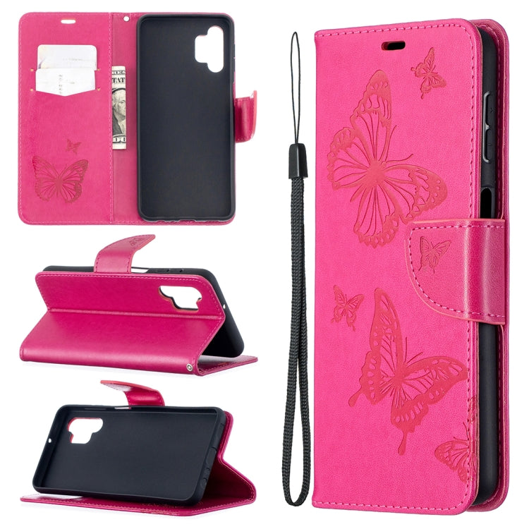 For Samsung Galaxy A32 5G Embossing Two Butterflies Pattern Horizontal Flip PU Leather Case with Holder & Card Slot & Wallet & Lanyard(Rose Red) by buy2fix