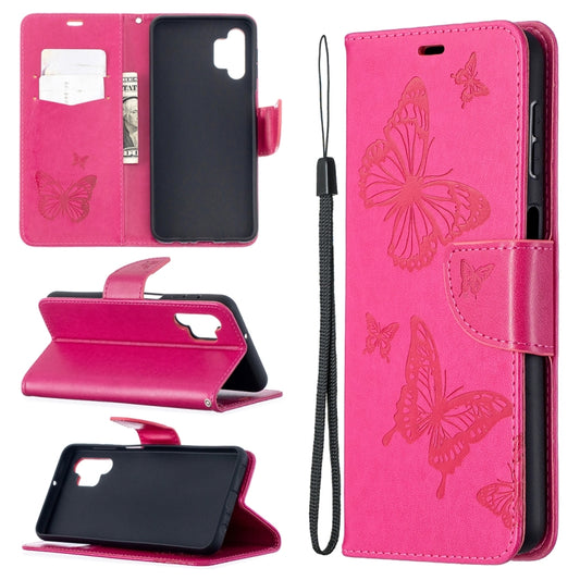 For Samsung Galaxy A32 5G Embossing Two Butterflies Pattern Horizontal Flip PU Leather Case with Holder & Card Slot & Wallet & Lanyard(Rose Red) by buy2fix