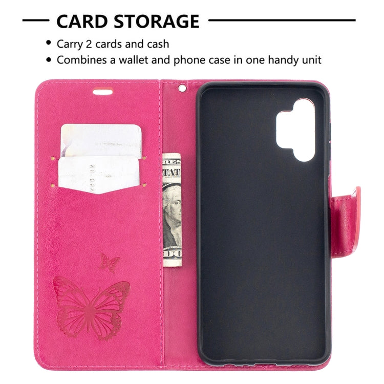 For Samsung Galaxy A32 5G Embossing Two Butterflies Pattern Horizontal Flip PU Leather Case with Holder & Card Slot & Wallet & Lanyard(Rose Red) by buy2fix