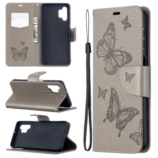 For Samsung Galaxy A32 5G Embossing Two Butterflies Pattern Horizontal Flip PU Leather Case with Holder & Card Slot & Wallet & Lanyard(Grey) by buy2fix