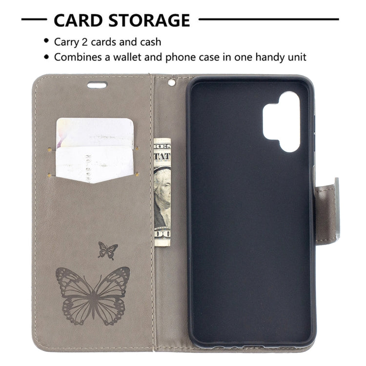 For Samsung Galaxy A32 5G Embossing Two Butterflies Pattern Horizontal Flip PU Leather Case with Holder & Card Slot & Wallet & Lanyard(Grey) by buy2fix