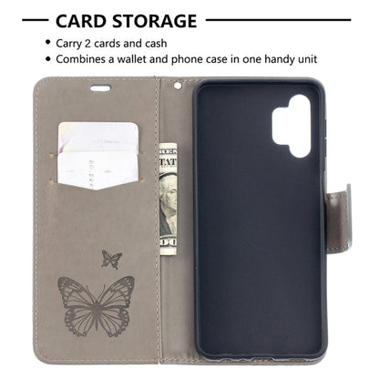 For Samsung Galaxy A32 5G Embossing Two Butterflies Pattern Horizontal Flip PU Leather Case with Holder & Card Slot & Wallet & Lanyard(Grey) by buy2fix