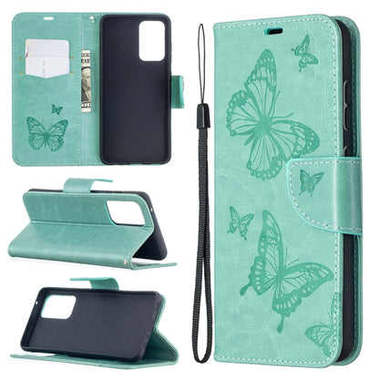 For Samsung Galaxy A52 5G / 4G Embossing Two Butterflies Pattern Horizontal Flip PU Leather Case with Holder & Card Slot & Wallet & Lanyard(Green) by buy2fix