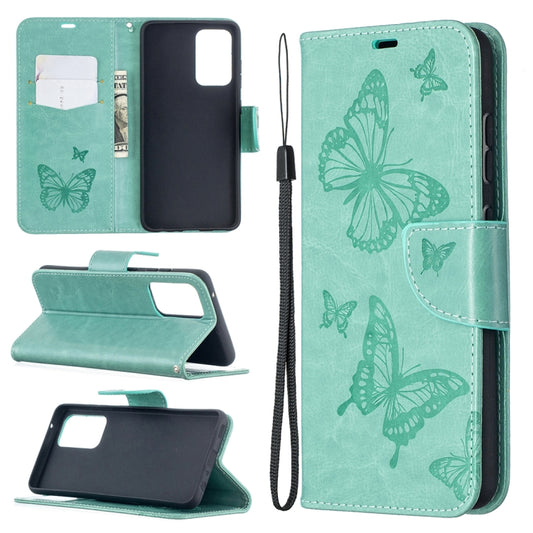 For Samsung Galaxy A52 5G / 4G Embossing Two Butterflies Pattern Horizontal Flip PU Leather Case with Holder & Card Slot & Wallet & Lanyard(Green) by buy2fix