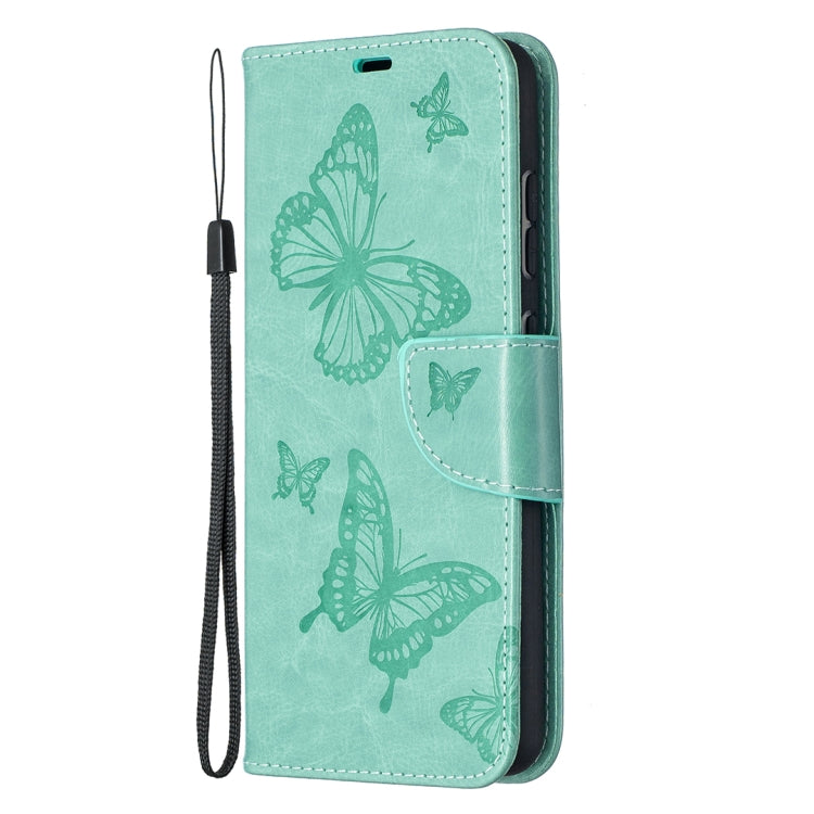 For Samsung Galaxy A52 5G / 4G Embossing Two Butterflies Pattern Horizontal Flip PU Leather Case with Holder & Card Slot & Wallet & Lanyard(Green) by buy2fix