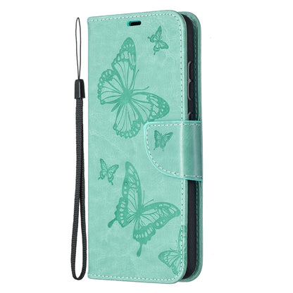For Samsung Galaxy A52 5G / 4G Embossing Two Butterflies Pattern Horizontal Flip PU Leather Case with Holder & Card Slot & Wallet & Lanyard(Green) by buy2fix