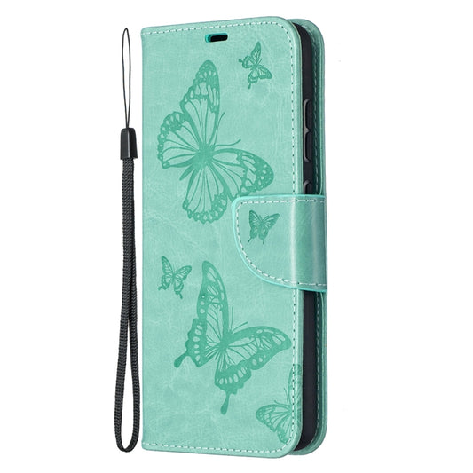 For Samsung Galaxy A52 5G / 4G Embossing Two Butterflies Pattern Horizontal Flip PU Leather Case with Holder & Card Slot & Wallet & Lanyard(Green) by buy2fix