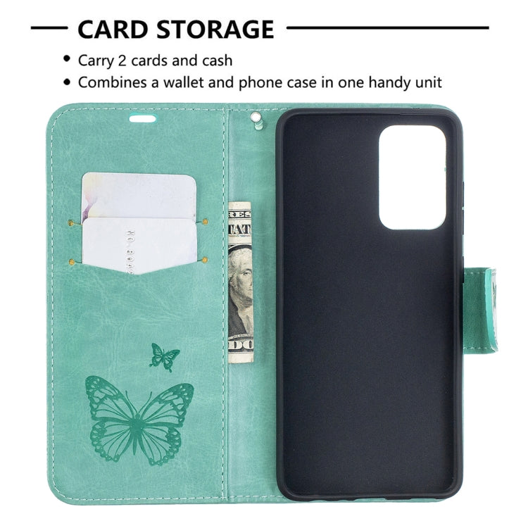 For Samsung Galaxy A52 5G / 4G Embossing Two Butterflies Pattern Horizontal Flip PU Leather Case with Holder & Card Slot & Wallet & Lanyard(Green) by buy2fix