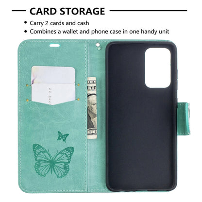 For Samsung Galaxy A52 5G / 4G Embossing Two Butterflies Pattern Horizontal Flip PU Leather Case with Holder & Card Slot & Wallet & Lanyard(Green) by buy2fix