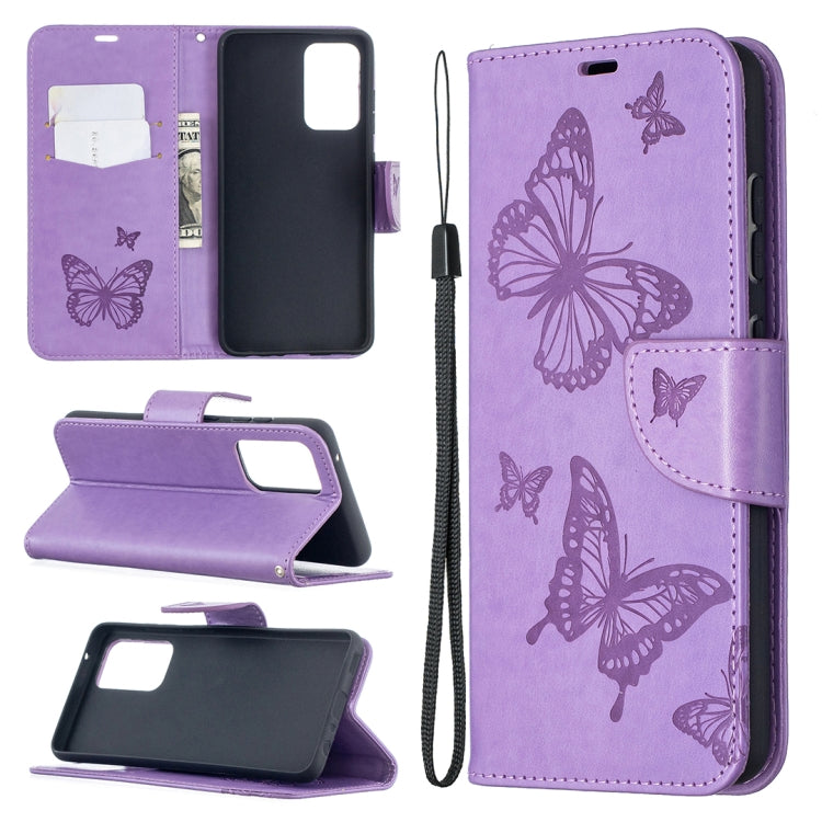 For Samsung Galaxy A52 5G / 4G Embossing Two Butterflies Pattern Horizontal Flip PU Leather Case with Holder & Card Slot & Wallet & Lanyard(Purple) by buy2fix
