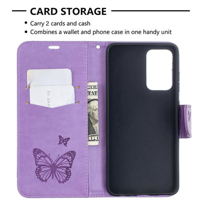 For Samsung Galaxy A52 5G / 4G Embossing Two Butterflies Pattern Horizontal Flip PU Leather Case with Holder & Card Slot & Wallet & Lanyard(Purple) by buy2fix