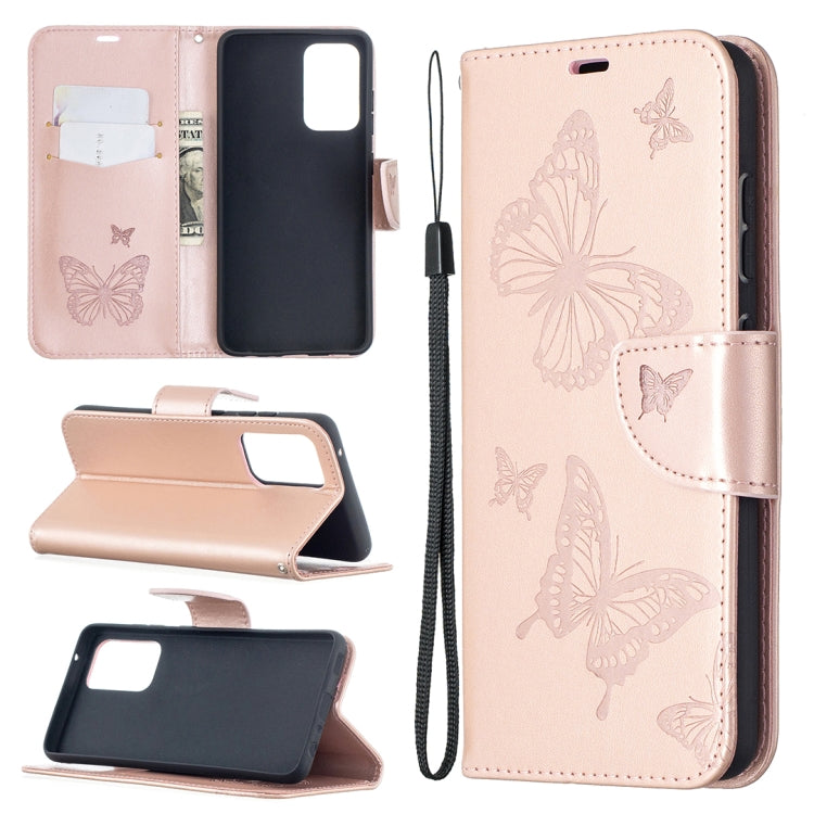 For Samsung Galaxy A52 5G / 4G Embossing Two Butterflies Pattern Horizontal Flip PU Leather Case with Holder & Card Slot & Wallet & Lanyard(Rose Gold) by buy2fix