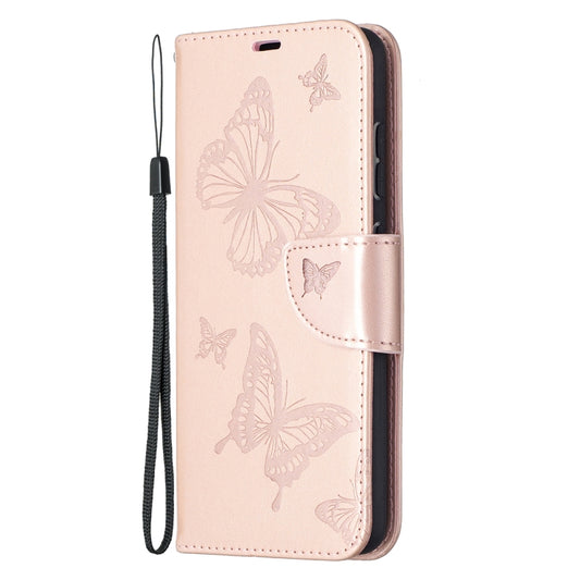 For Samsung Galaxy A52 5G / 4G Embossing Two Butterflies Pattern Horizontal Flip PU Leather Case with Holder & Card Slot & Wallet & Lanyard(Rose Gold) by buy2fix