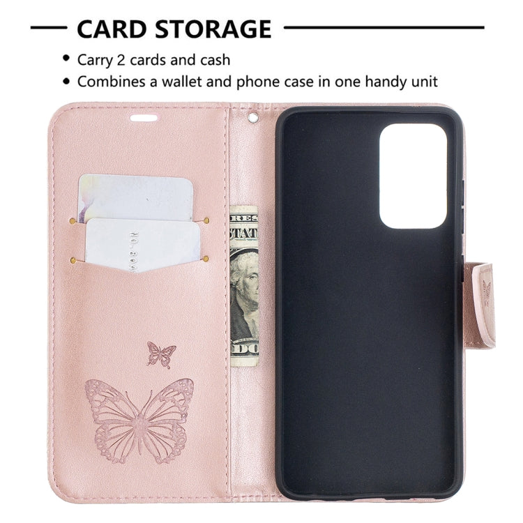 For Samsung Galaxy A52 5G / 4G Embossing Two Butterflies Pattern Horizontal Flip PU Leather Case with Holder & Card Slot & Wallet & Lanyard(Rose Gold) by buy2fix