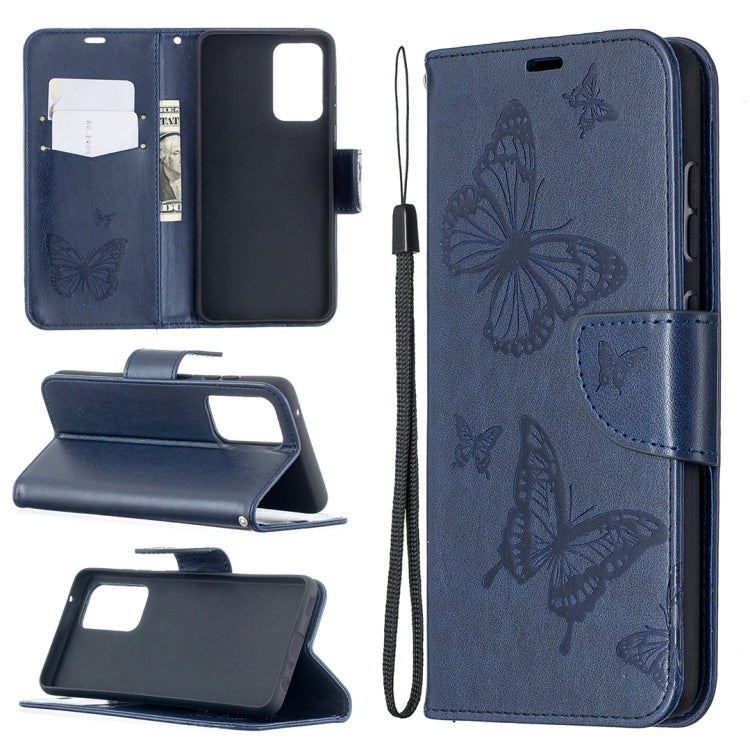 For Samsung Galaxy A52 5G / 4G Embossing Two Butterflies Pattern Horizontal Flip PU Leather Case with Holder & Card Slot & Wallet & Lanyard(Blue) by buy2fix