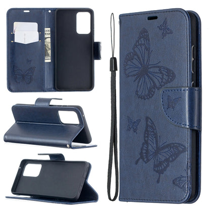 For Samsung Galaxy A52 5G / 4G Embossing Two Butterflies Pattern Horizontal Flip PU Leather Case with Holder & Card Slot & Wallet & Lanyard(Blue) by buy2fix