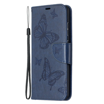 For Samsung Galaxy A52 5G / 4G Embossing Two Butterflies Pattern Horizontal Flip PU Leather Case with Holder & Card Slot & Wallet & Lanyard(Blue) by buy2fix