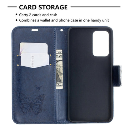 For Samsung Galaxy A52 5G / 4G Embossing Two Butterflies Pattern Horizontal Flip PU Leather Case with Holder & Card Slot & Wallet & Lanyard(Blue) by buy2fix