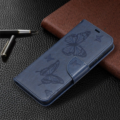 For Samsung Galaxy A52 5G / 4G Embossing Two Butterflies Pattern Horizontal Flip PU Leather Case with Holder & Card Slot & Wallet & Lanyard(Blue) by buy2fix