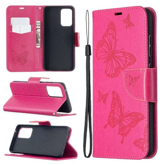 For Samsung Galaxy A52 5G / 4G Embossing Two Butterflies Pattern Horizontal Flip PU Leather Case with Holder & Card Slot & Wallet & Lanyard(Rose Red) by buy2fix
