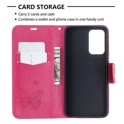 For Samsung Galaxy A52 5G / 4G Embossing Two Butterflies Pattern Horizontal Flip PU Leather Case with Holder & Card Slot & Wallet & Lanyard(Rose Red) by buy2fix