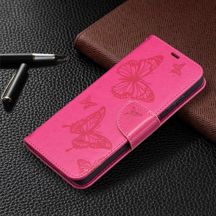 For Samsung Galaxy A52 5G / 4G Embossing Two Butterflies Pattern Horizontal Flip PU Leather Case with Holder & Card Slot & Wallet & Lanyard(Rose Red) by buy2fix