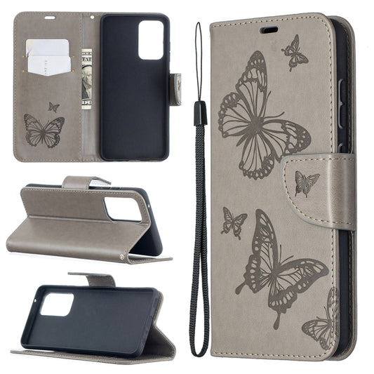 For Samsung Galaxy A52 5G / 4G Embossing Two Butterflies Pattern Horizontal Flip PU Leather Case with Holder & Card Slot & Wallet & Lanyard(Grey) by buy2fix