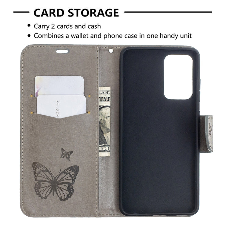 For Samsung Galaxy A52 5G / 4G Embossing Two Butterflies Pattern Horizontal Flip PU Leather Case with Holder & Card Slot & Wallet & Lanyard(Grey) by buy2fix