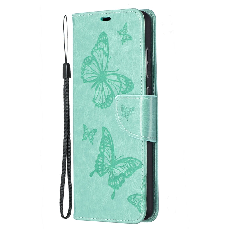 For Samsung Galaxy A72 5G / 4G Embossing Two Butterflies Pattern Horizontal Flip PU Leather Case with Holder & Card Slot & Wallet & Lanyard(Green) by buy2fix