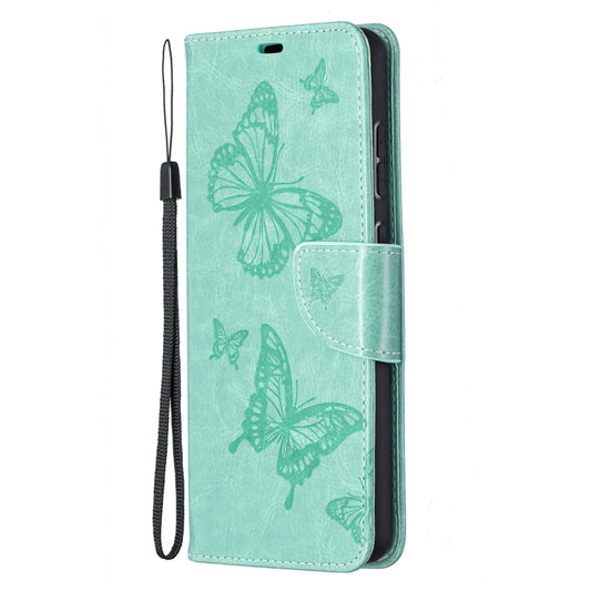 For Samsung Galaxy A72 5G / 4G Embossing Two Butterflies Pattern Horizontal Flip PU Leather Case with Holder & Card Slot & Wallet & Lanyard(Green) by buy2fix
