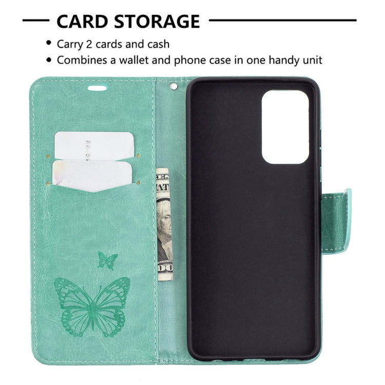 For Samsung Galaxy A72 5G / 4G Embossing Two Butterflies Pattern Horizontal Flip PU Leather Case with Holder & Card Slot & Wallet & Lanyard(Green) by buy2fix