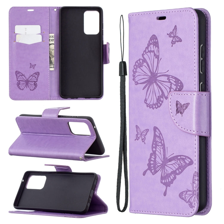 For Samsung Galaxy A72 5G / 4G Embossing Two Butterflies Pattern Horizontal Flip PU Leather Case with Holder & Card Slot & Wallet & Lanyard(Purple) by buy2fix