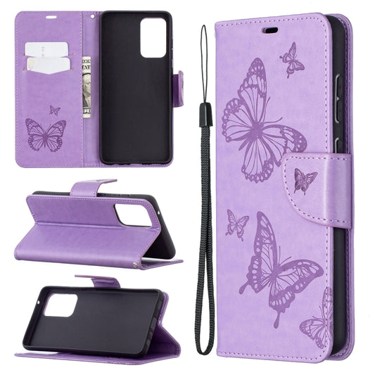 For Samsung Galaxy A72 5G / 4G Embossing Two Butterflies Pattern Horizontal Flip PU Leather Case with Holder & Card Slot & Wallet & Lanyard(Purple) by buy2fix