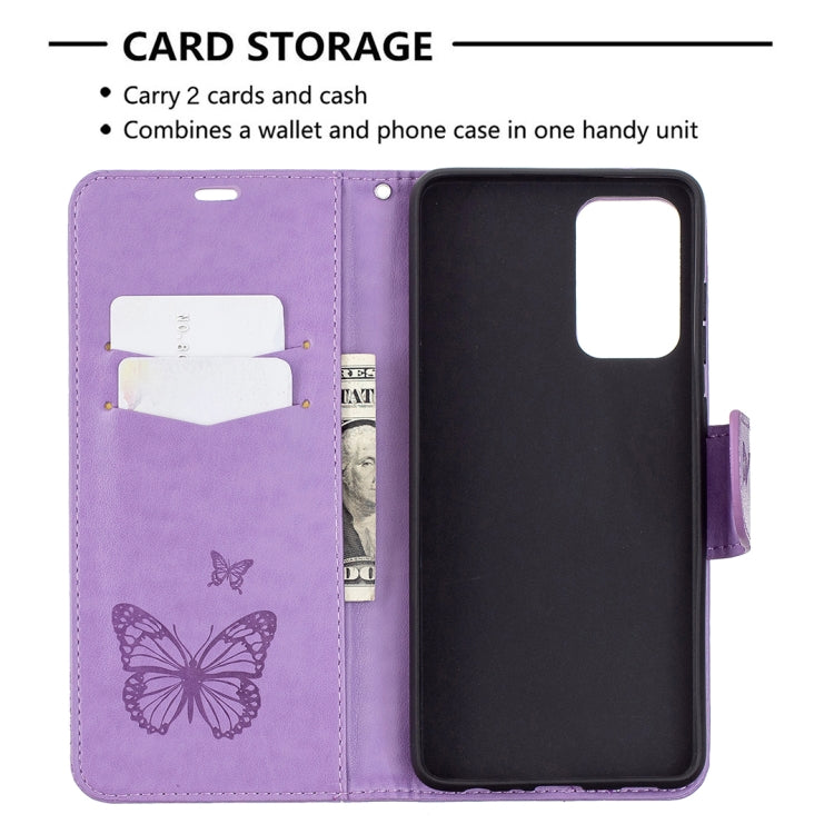 For Samsung Galaxy A72 5G / 4G Embossing Two Butterflies Pattern Horizontal Flip PU Leather Case with Holder & Card Slot & Wallet & Lanyard(Purple) by buy2fix